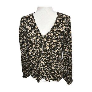 OLD NAVY Black Floral Textured Henley Blouse Balloon Sleeve Medium